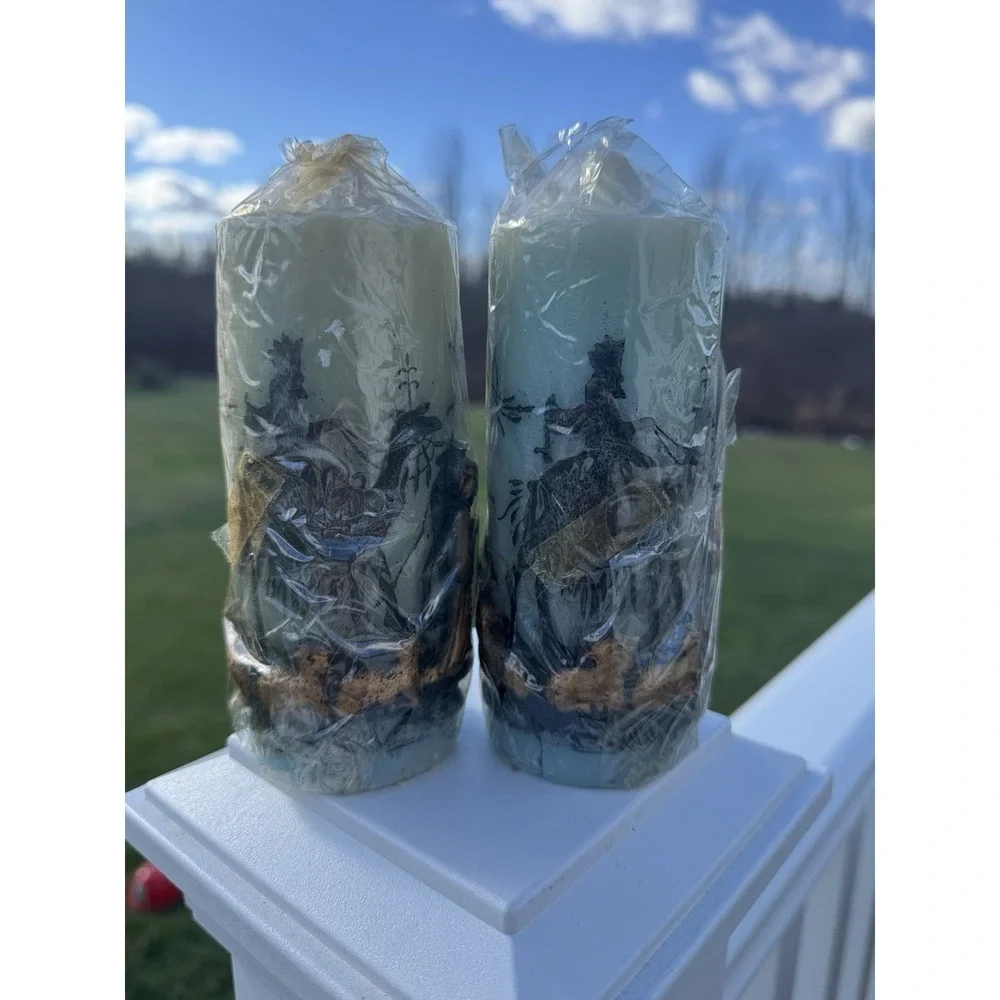 Vintage Holiday Elegance Nativity Candles NOS Handcrafted Wrapped Pair Christmas
